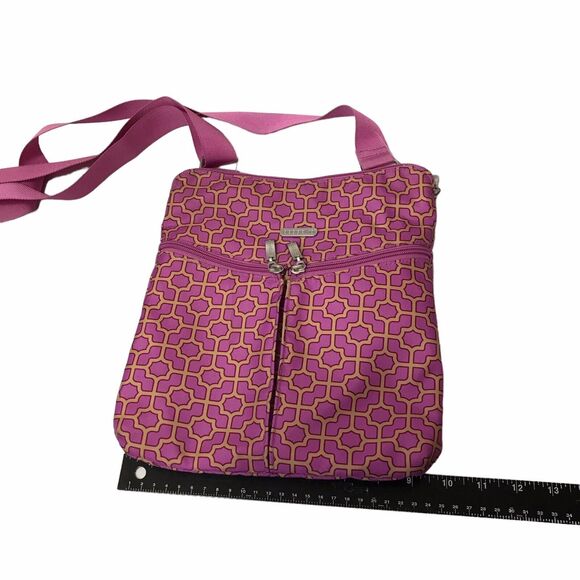 BAGGALLINI Horizion Crossbody pink purple gold Trellis Print 2 Front Zip Pockets - Picture 6 of 11
